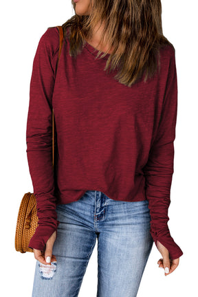 Green Plain Solid Casual Thumbhole Long Sleeve Top-True and Wild