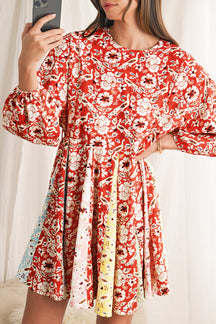 Red Boho Floral Patchwork Long Sleeve Pleated Dress-True and Wild