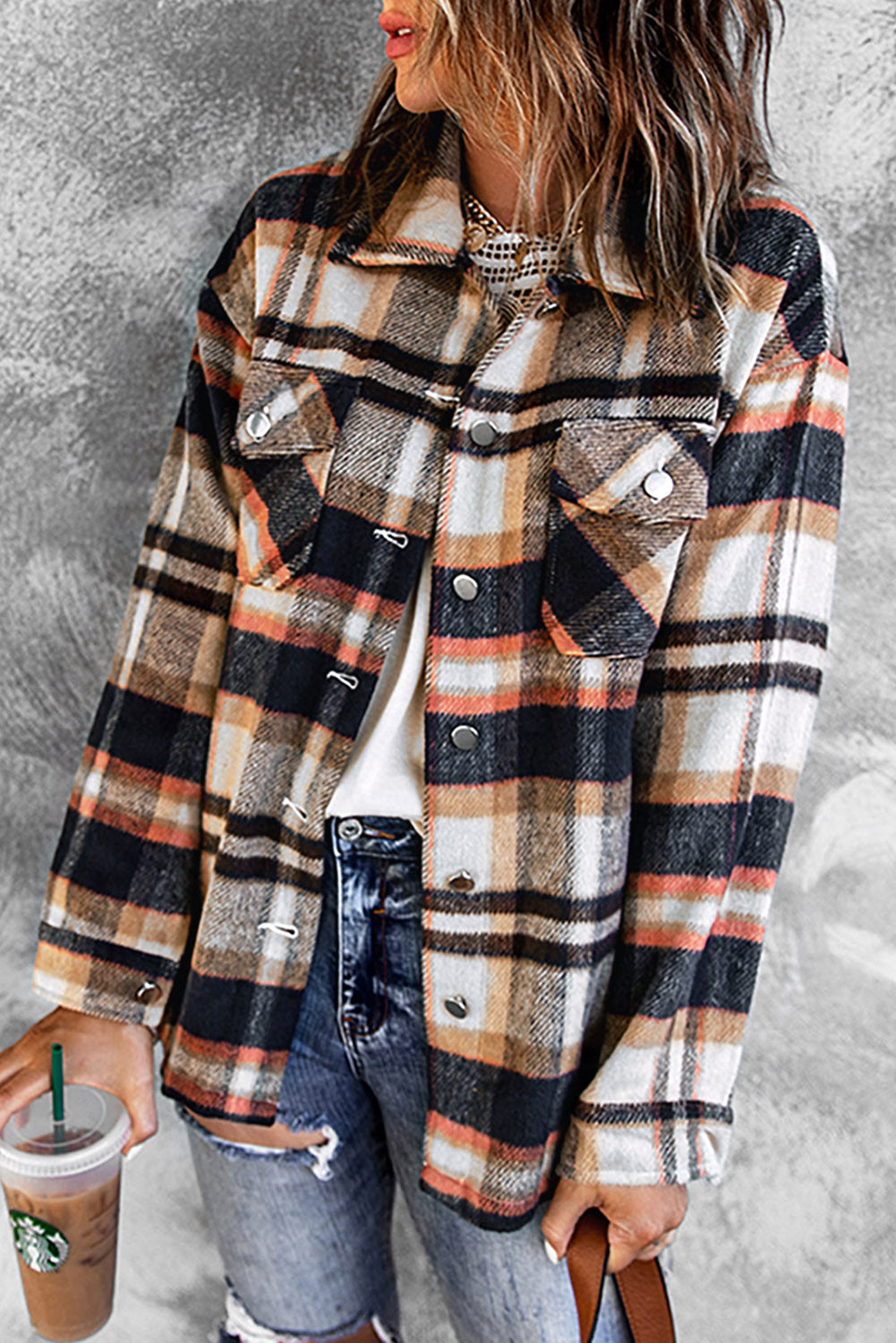 Khaki Plaid Print Casual Button Up Pocket Shacket-True and Wild