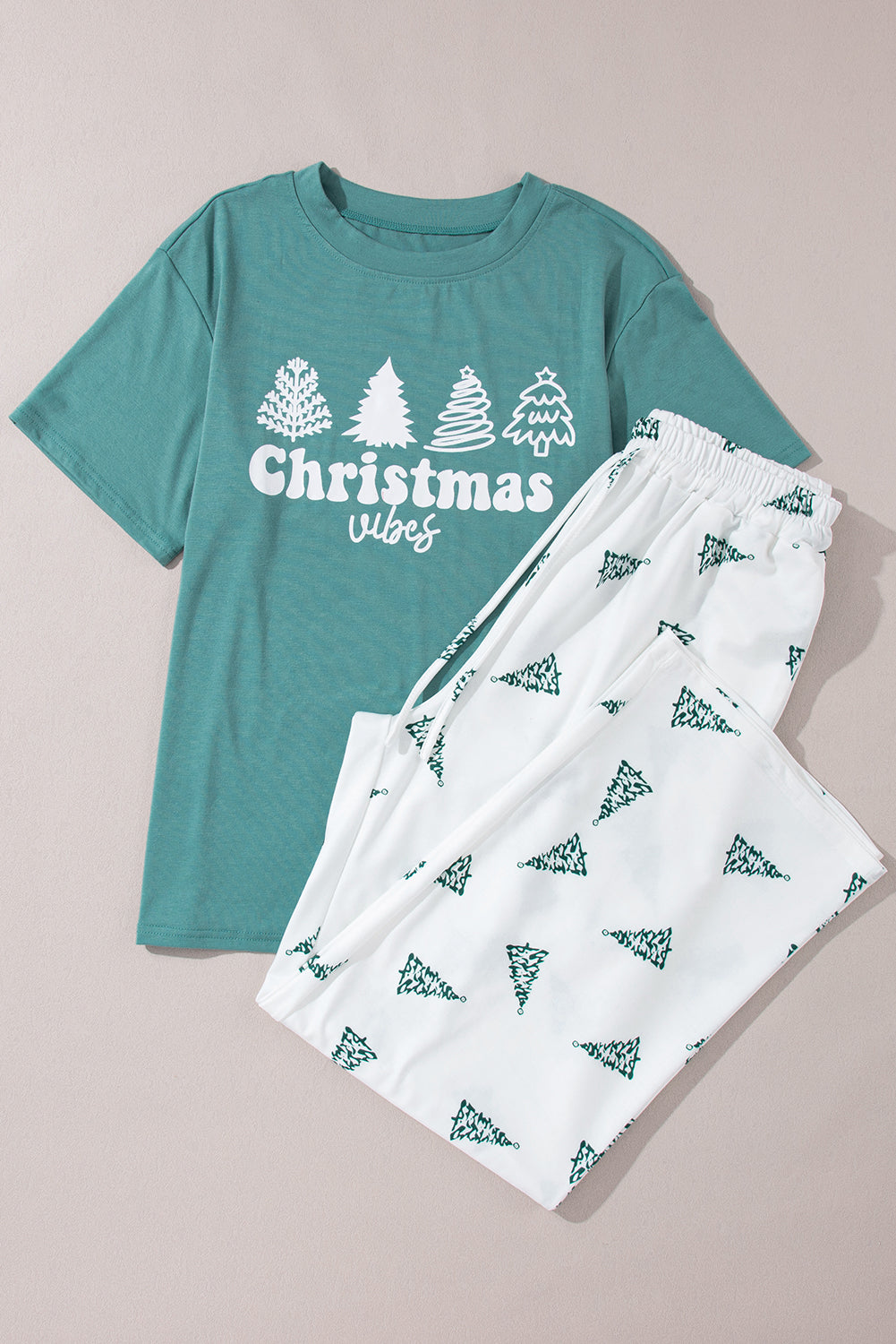 Green Christmas Tree Print Tee & White Pants Loungewear Set-True and Wild