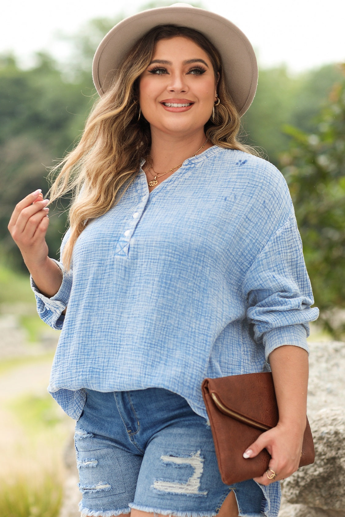 Plus Size Half Button Long Sleeve Blouse-True and Wild