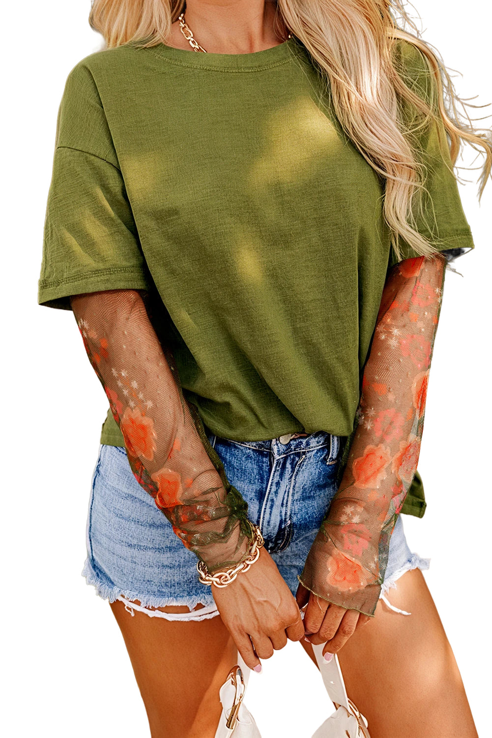 Fern Green Floral Mesh Patchwork Sleeve Crewneck Top-True and Wild