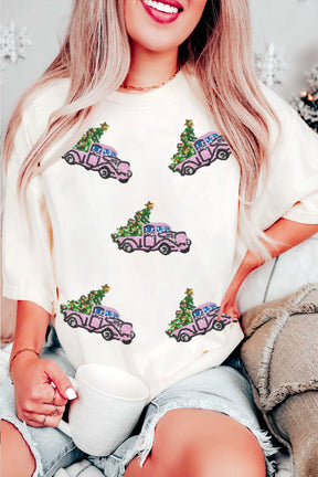 White Truck Christmas Tree Patched Pattern Crewneck Tee