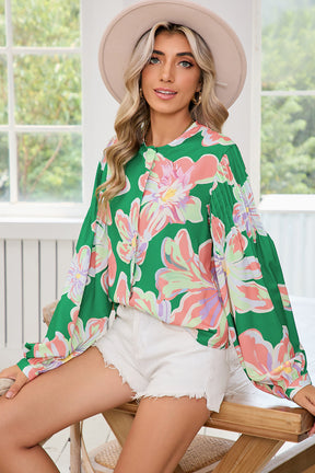 Green Floral Pleated Puff Sleeve Blouse-True and Wild