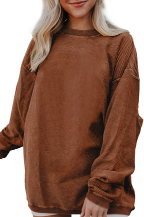 Chestnut Plain Drop Sleeve Crinkle Rib Oversized Sweatshirt-True and Wild