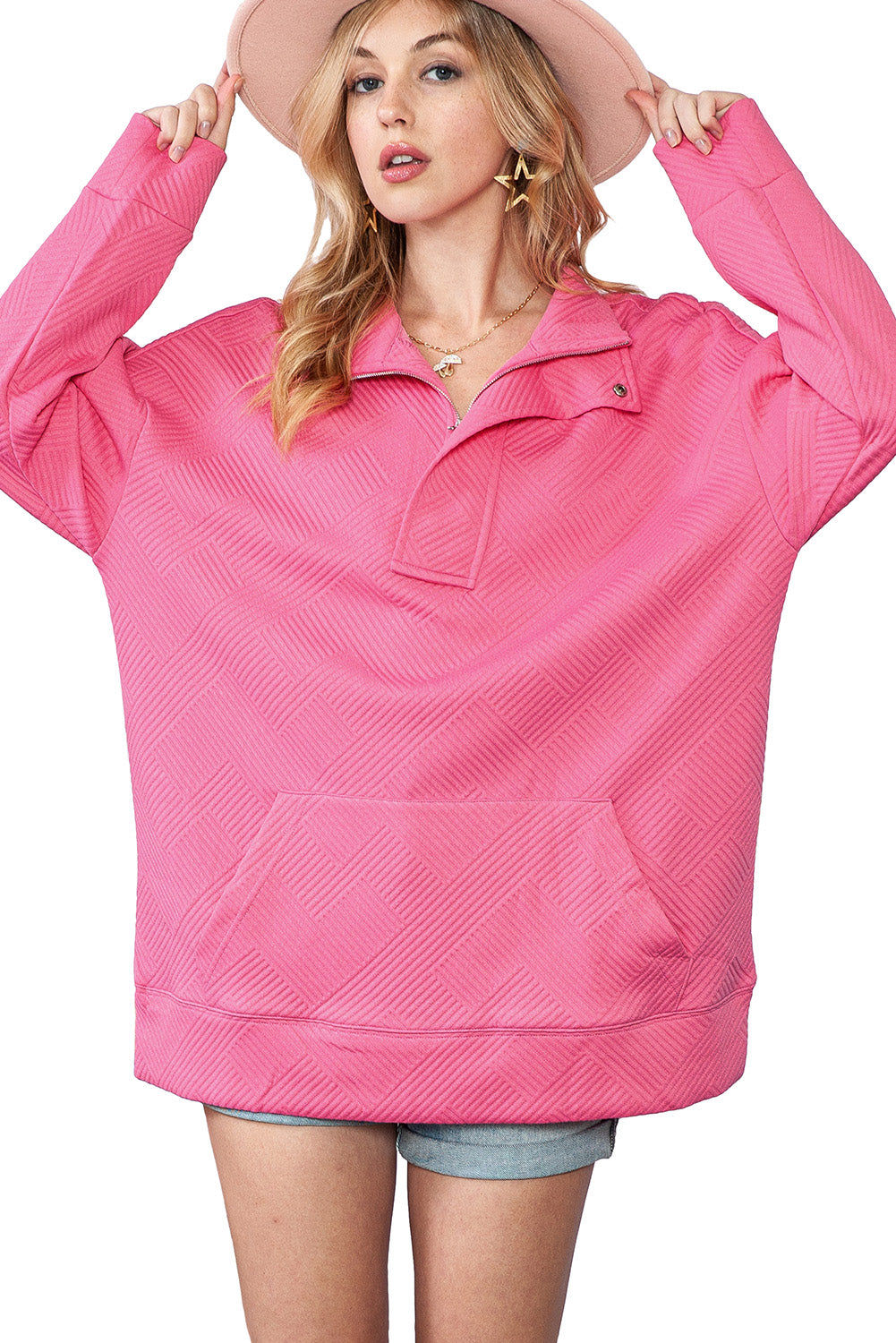 Hot Pink Casual Textured Kangaroo Pocket Sweatshirt-True and Wild