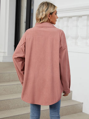 Collared Neck Long Sleeve Dropped Shoulder Shirt-True and Wild