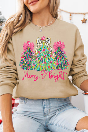 Khaki Merry & Bright Christmas Tree Print Pullover Sweatshirt-True and Wild