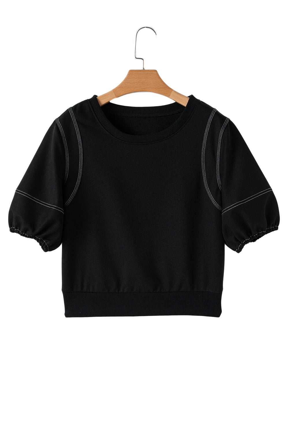 Black Half Puff Sleeve Round Neck Casual Blouse-True and Wild