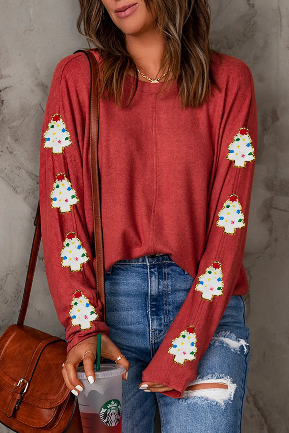 Christmas Tree Round Neck Long Sleeve Top-True and Wild