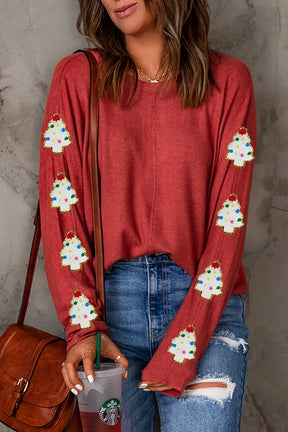 Christmas Tree Round Neck Long Sleeve Top-True and Wild