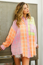 BiBi Plaid Color Block Raw Hem Shirt-True and Wild