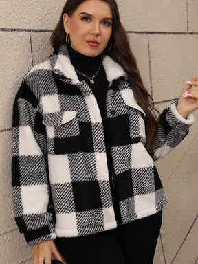 Plus Size Pocketed Plaid Collared Neck Jacket-True and Wild