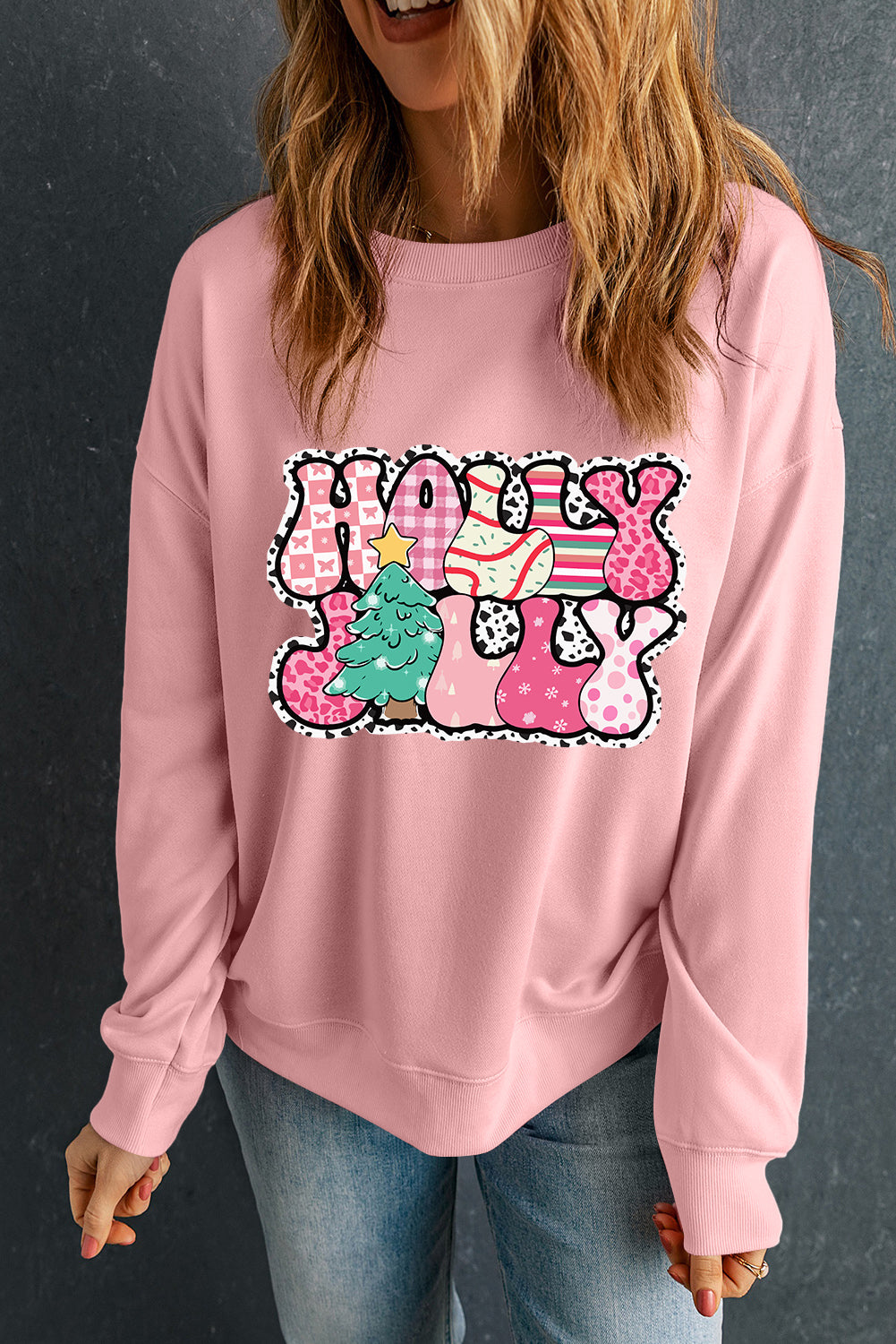 Pink Letter Print Christmas Graphic Crew Neck Sweatshirt-True and Wild