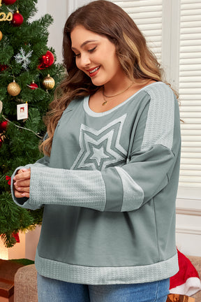 Mist Green Stars Patchwork Round Neck Plus Size Top-True and Wild