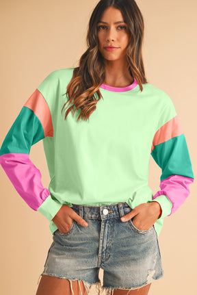 Rose Red Color Block Sleeve Loose Fit Top-True and Wild