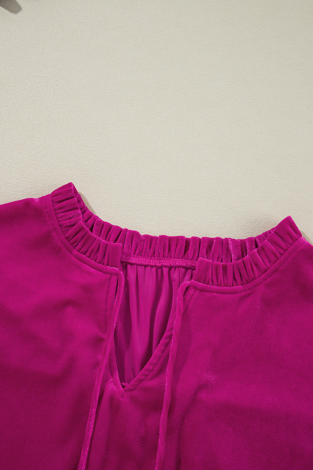 Bright Pink Plus Size Ruffled Sleeve V Neck Velvet Blouse-True and Wild