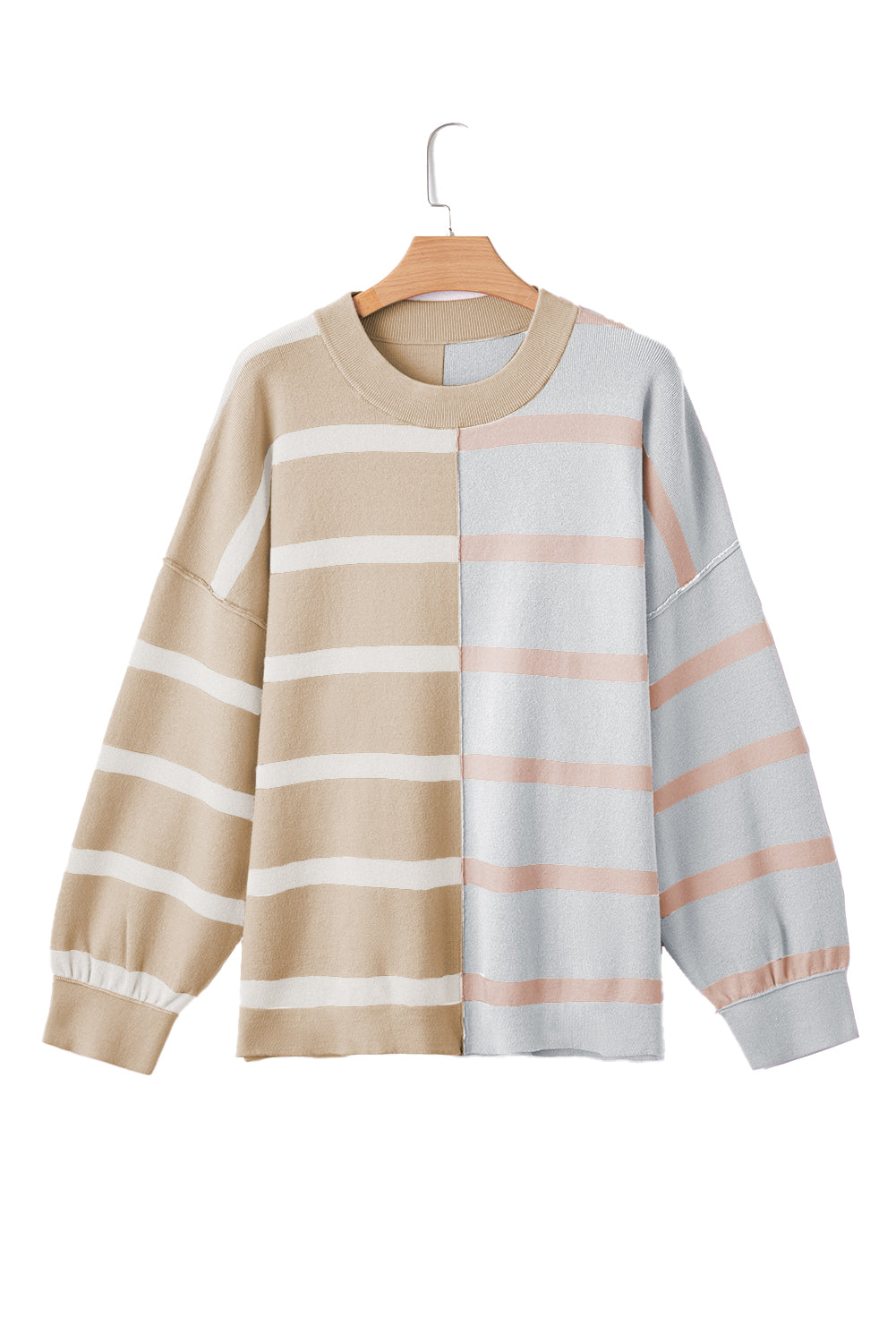 Light Beige Striped Colorblock Drop Shoulder Sweater-True and Wild