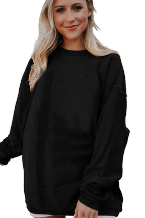 Chestnut Plain Drop Sleeve Crinkle Rib Oversized Sweatshirt-True and Wild