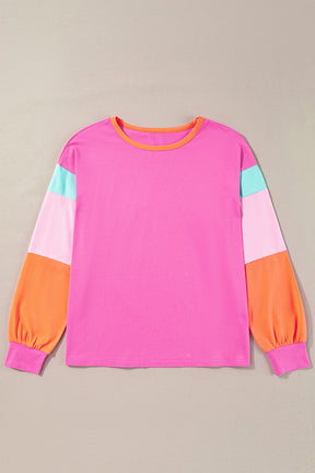 Rose Red Color Block Sleeve Loose Fit Top-True and Wild