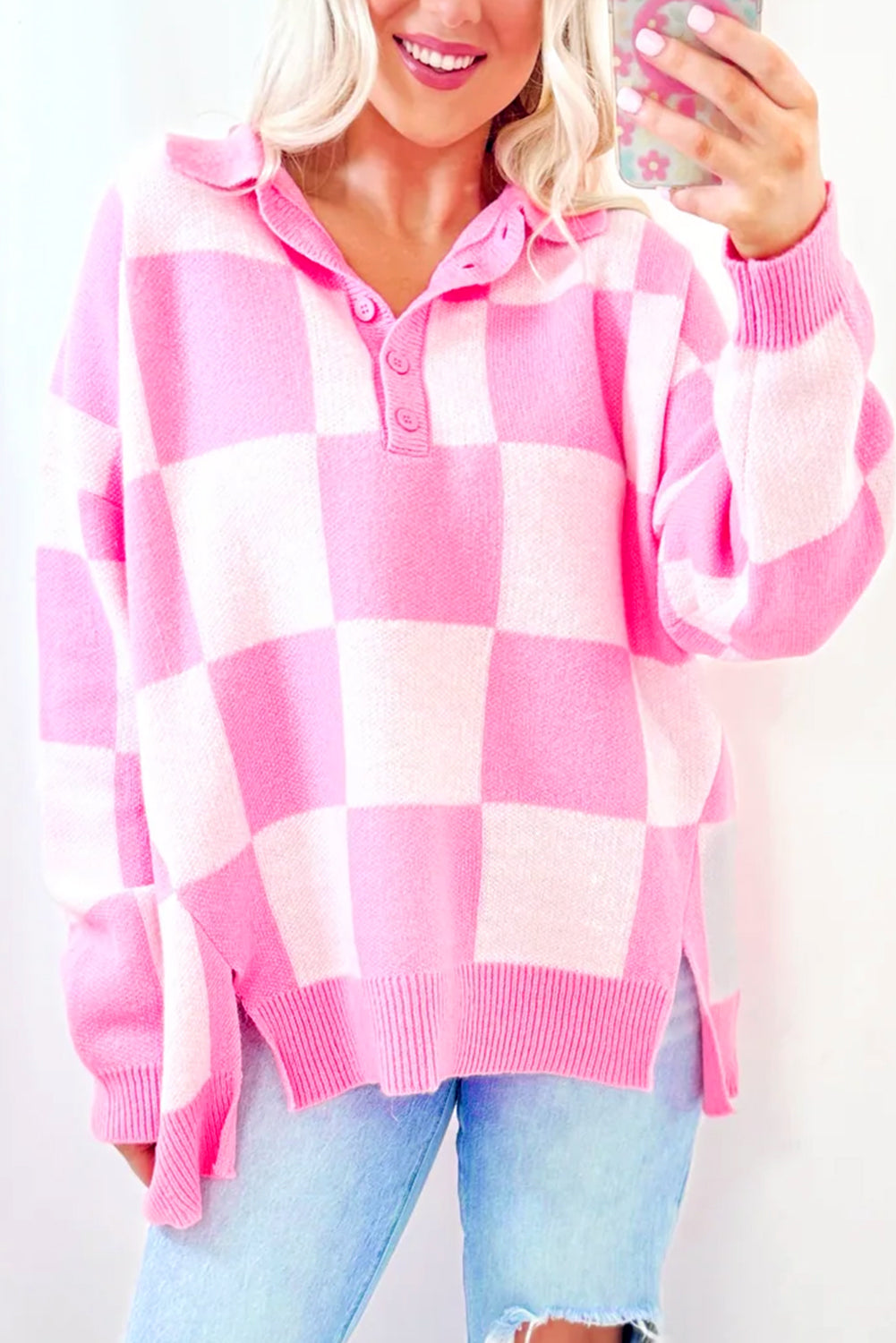 Pink Checkered Button Collared Sweater-True and Wild