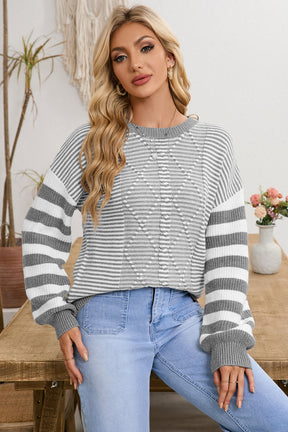 Red Stripe Twisted Knitted Drop Shoulder Sweater-True and Wild