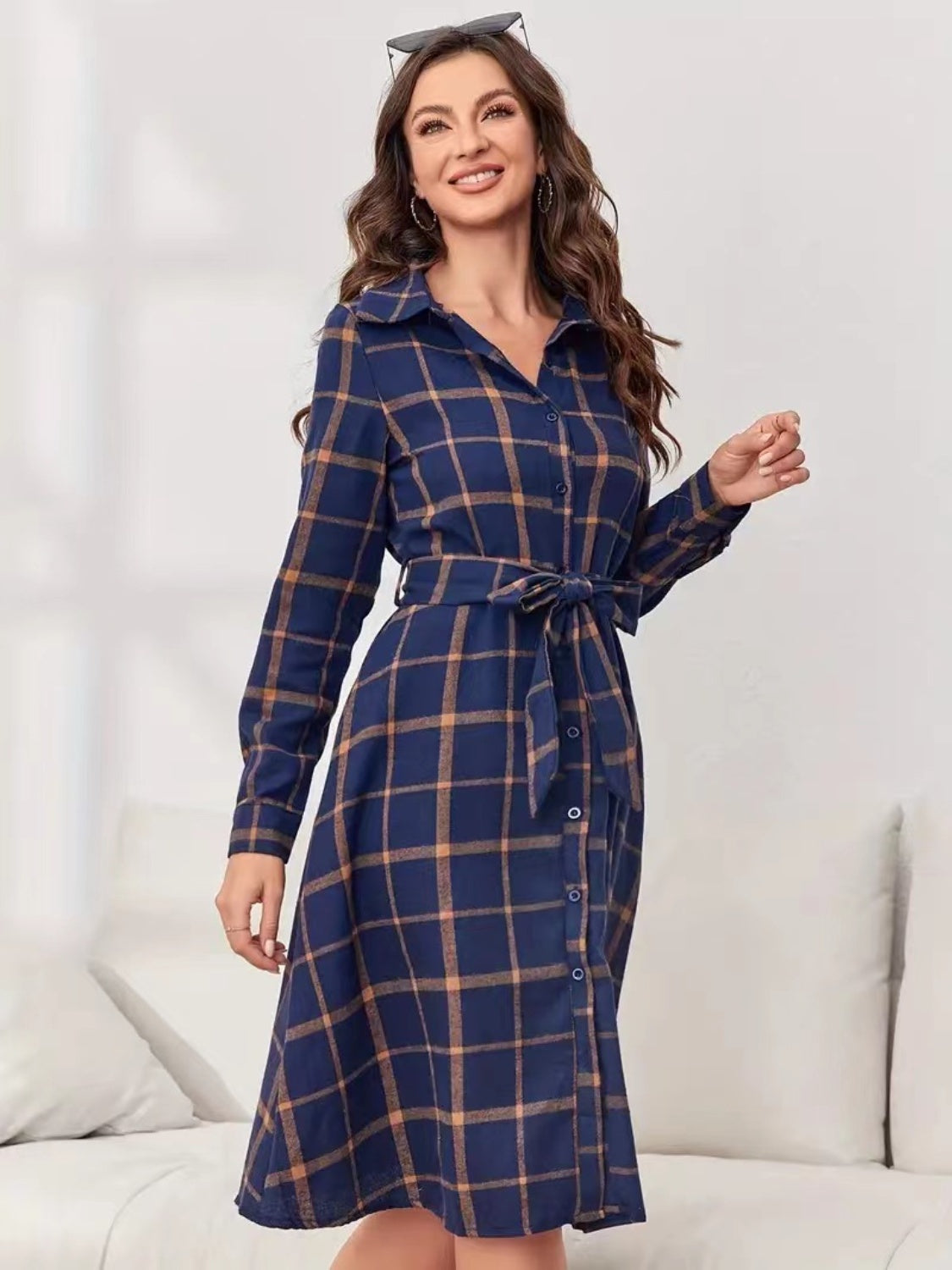 Plaid Tie Waist Long Sleeve Dress-True and Wild