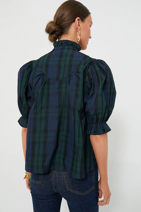 Green Checkered Puff Sleeve Frill Trim Blouse