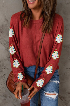 Christmas Tree Round Neck Long Sleeve Top-True and Wild