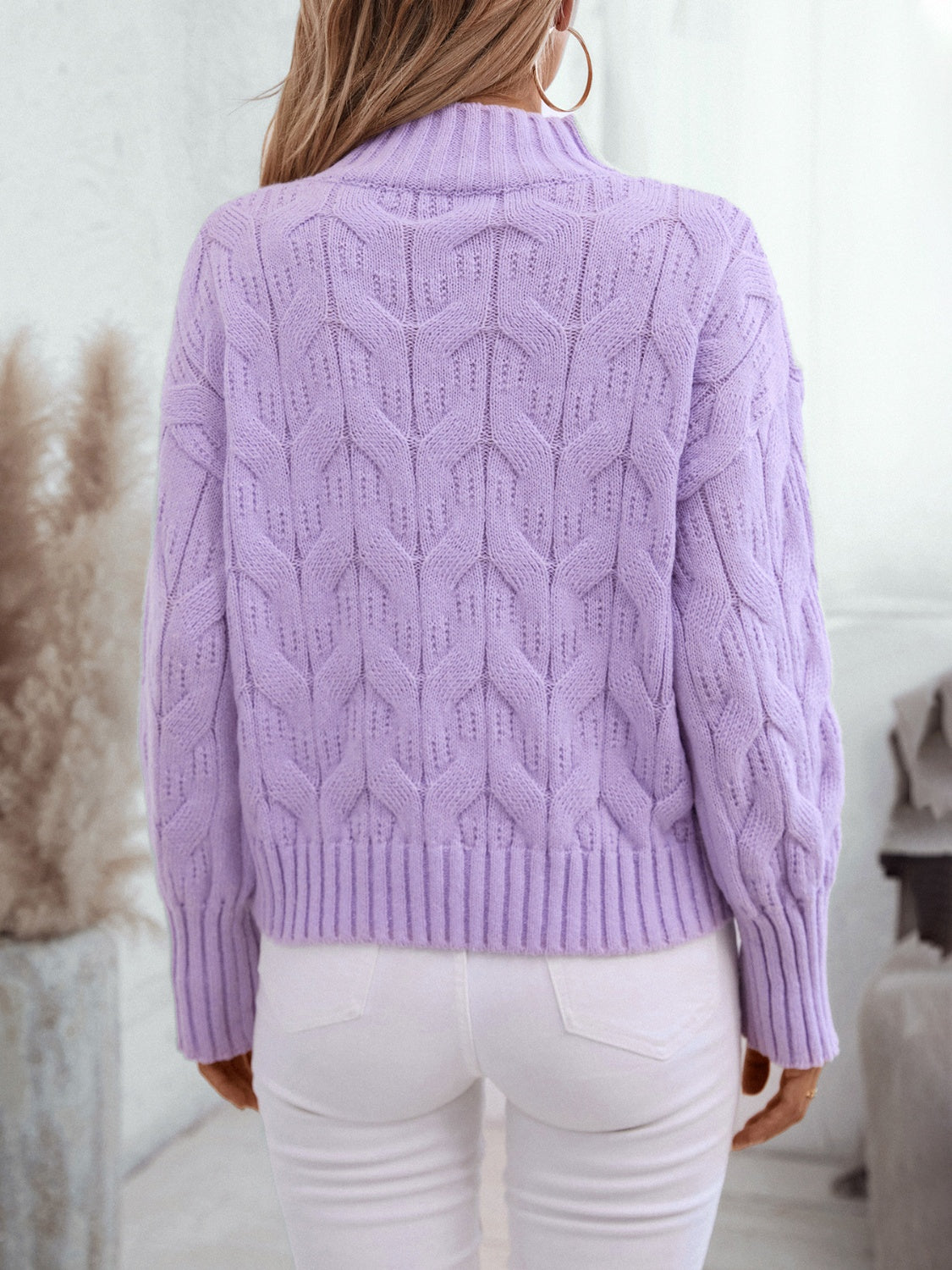 Cable Knit Mock Neck Long Sleeve Sweater-True and Wild