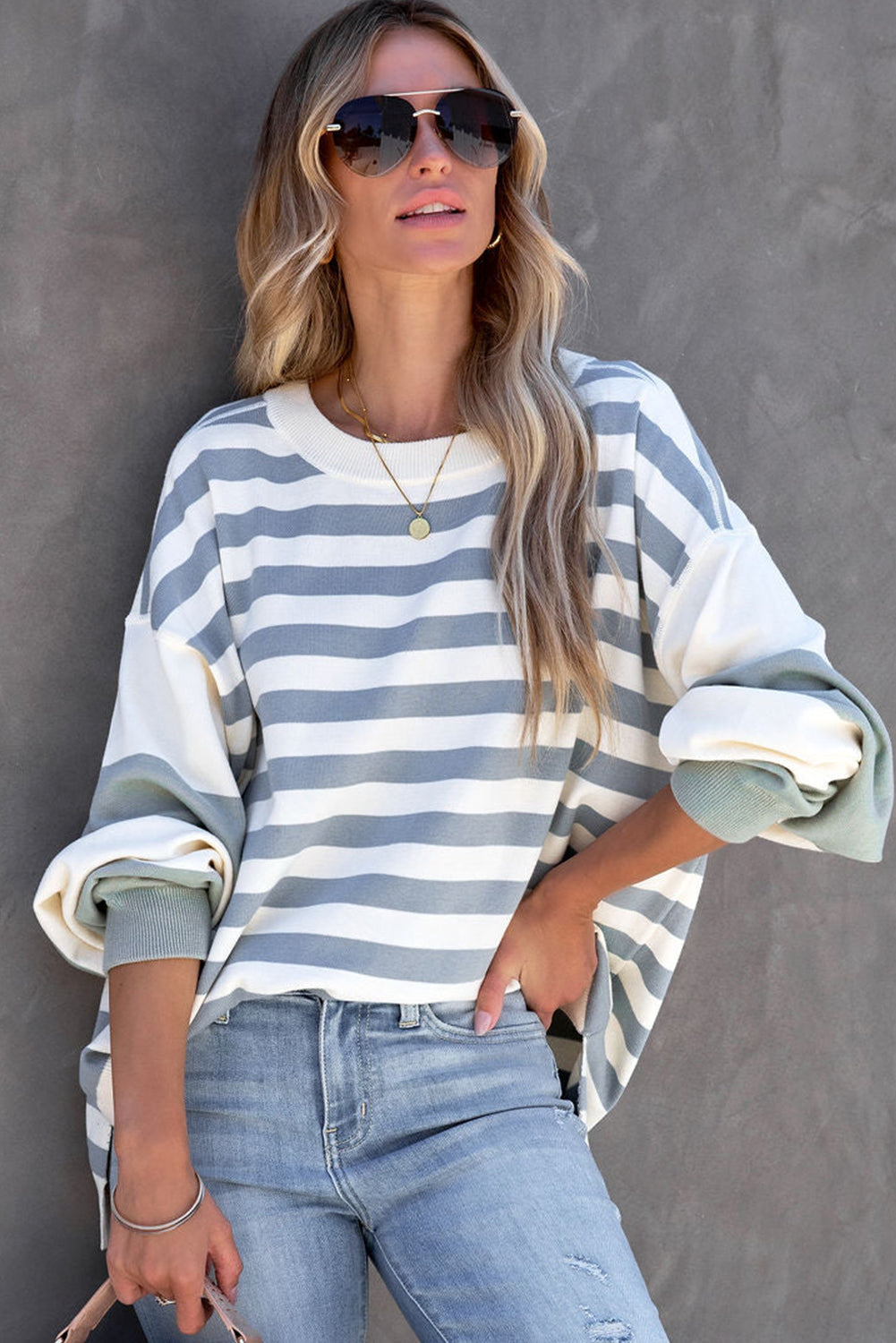 Blue Casual Striped Drop Shoulder Pullover Sweatshirt-True and Wild