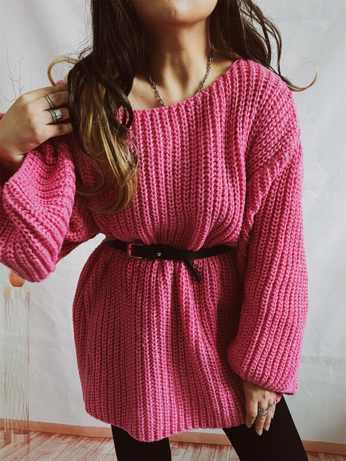 Boat Neck Long Sleeve Sweater With Belt