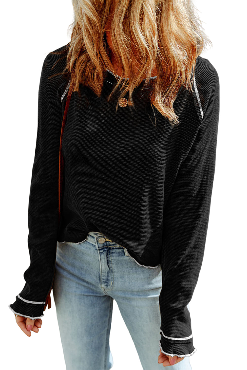 Black Textured Crewneck Long Sleeve Top-True and Wild