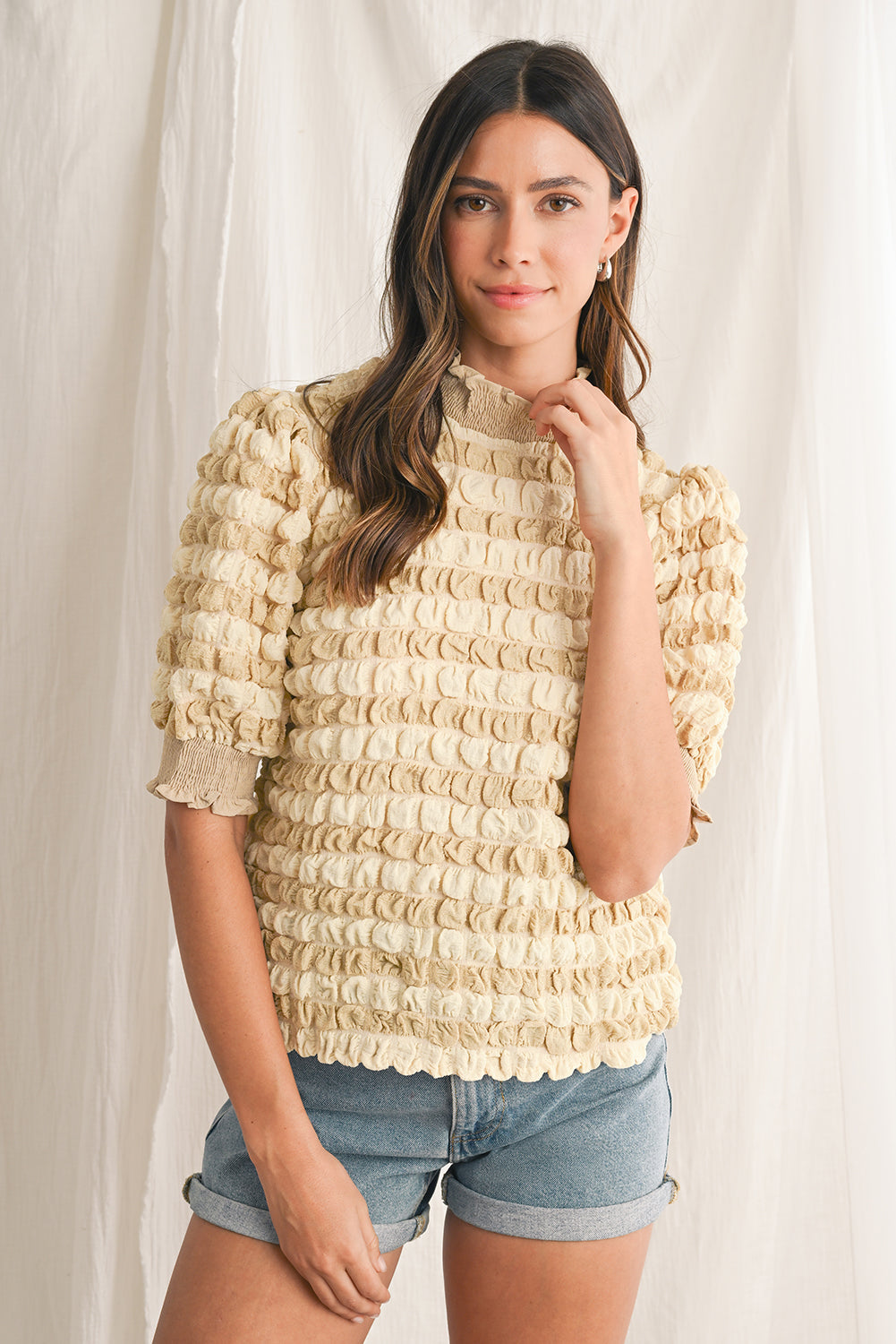 Beige Textured Frill Trim Smocked Puff Sleeve T Shirt-True and Wild