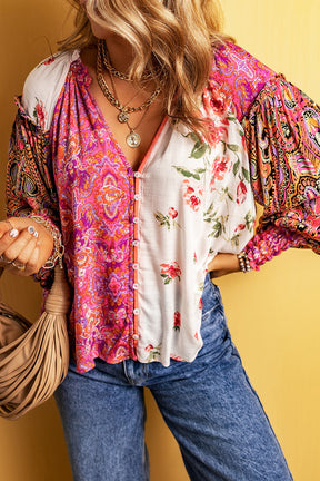 Frill Floral Shirred Cuff Long Sleeve Blouse-True and Wild