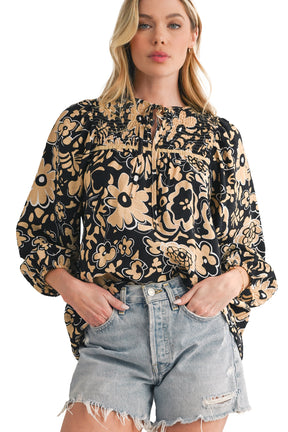 Black Boho Floral Smocked V Neck Bracelet Sleeve Blouse-True and Wild