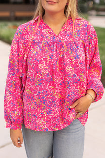 Purple Abstract Print Puff Sleeve V Neck Plus Size Blouse-True and Wild