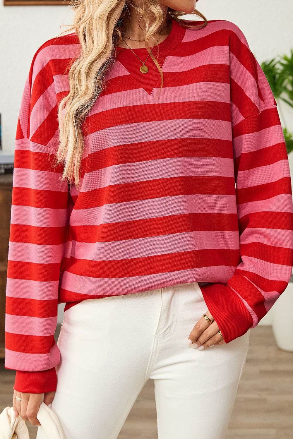 Red Stripe Round Neck Drop Shoulder Sweatshirt-True and Wild