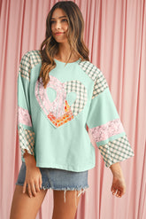 Aqua Plaid Floral Patchwork Heart Long Sleeve Top-True and Wild