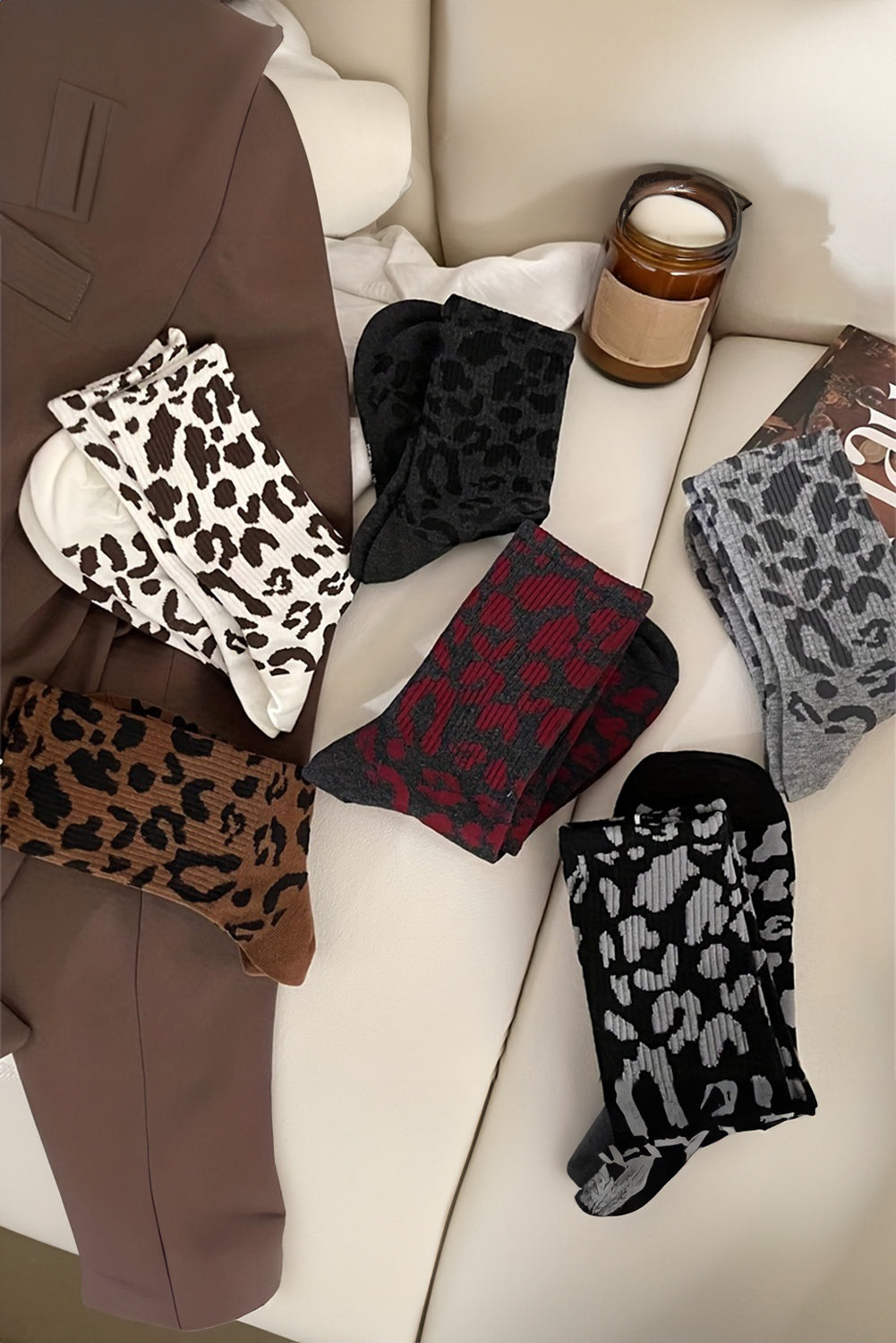 Chestnut Allover Leopard Print Crew Socks