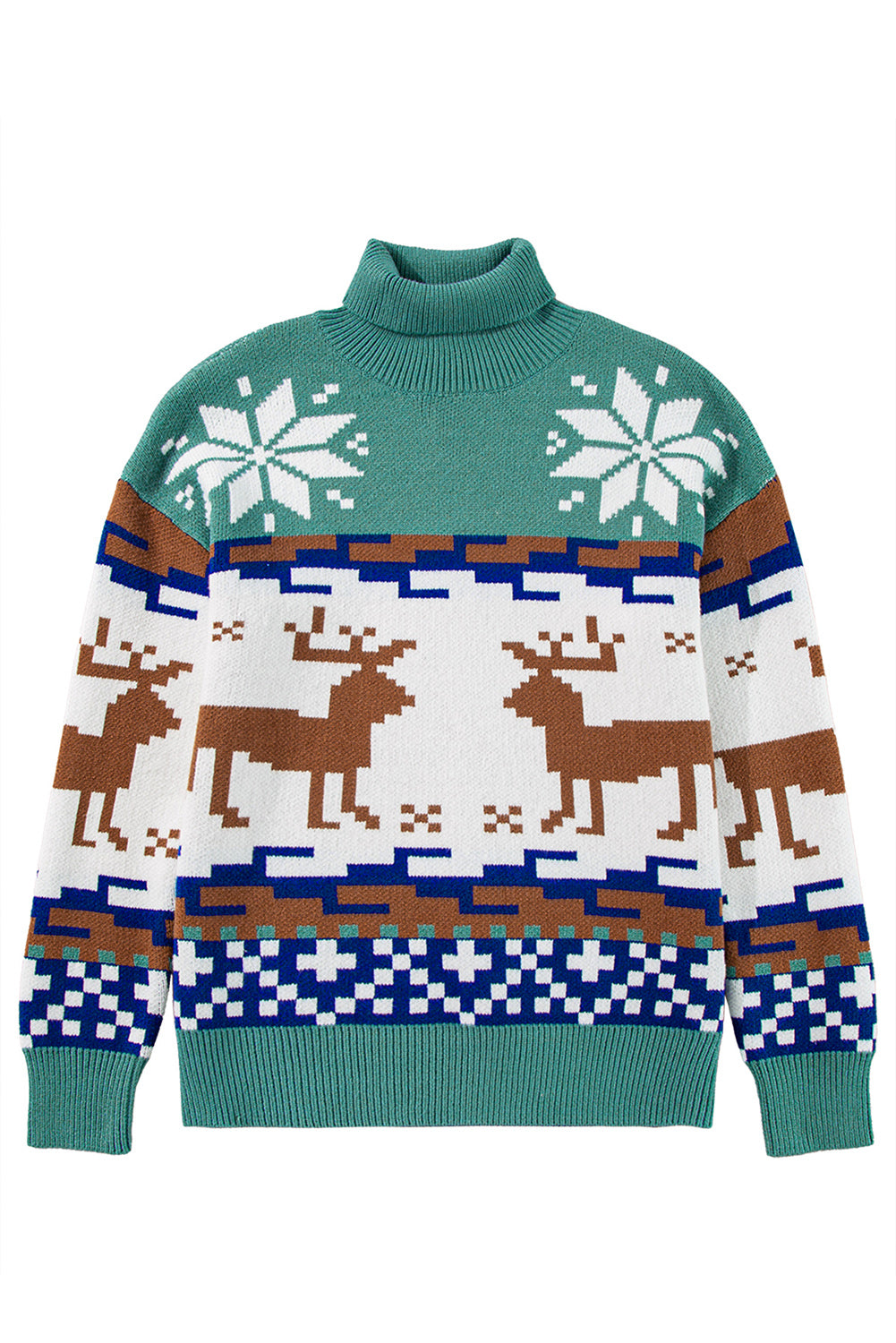 Canton Christmas Reindeer Snowflake Colorblock Turtleneck Sweater-True and Wild