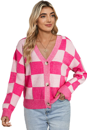 Orange Checkered Buttoned V Neck Drop Shoulder Cardigan-True and Wild