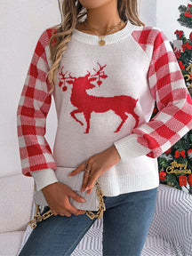 Reindeer Plaid Round Neck Long Sleeve Sweater-True and Wild