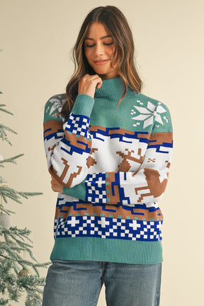 Canton Christmas Reindeer Snowflake Colorblock Turtleneck Sweater-True and Wild