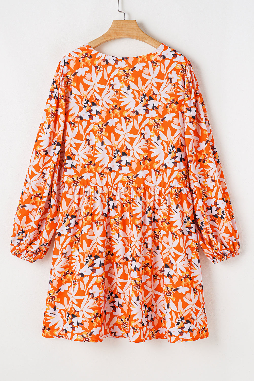 Orange Floral Print Split V Neck Bubble Sleeve Plus Size Midi Dress-True and Wild