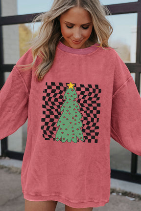 Strawberry Pink Christmas Tree Checkered Print Graphic Corded Sweatshirt