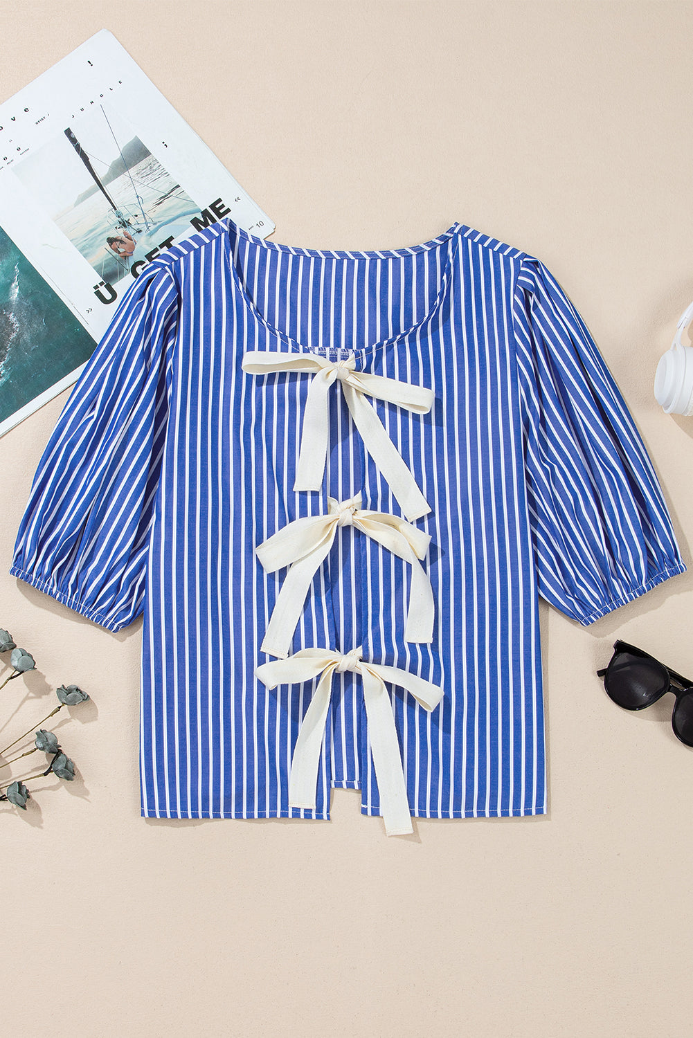 Blue Stripe Bow Tie Front Puff Short Sleeve Blouse