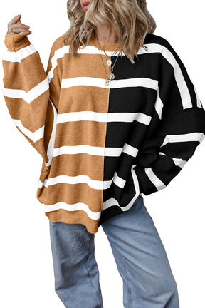 Light Beige Striped Colorblock Drop Shoulder Sweater-True and Wild