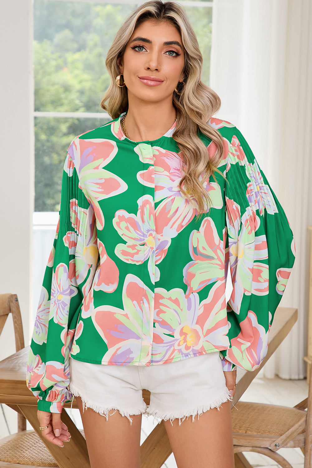 Green Floral Pleated Puff Sleeve Blouse-True and Wild