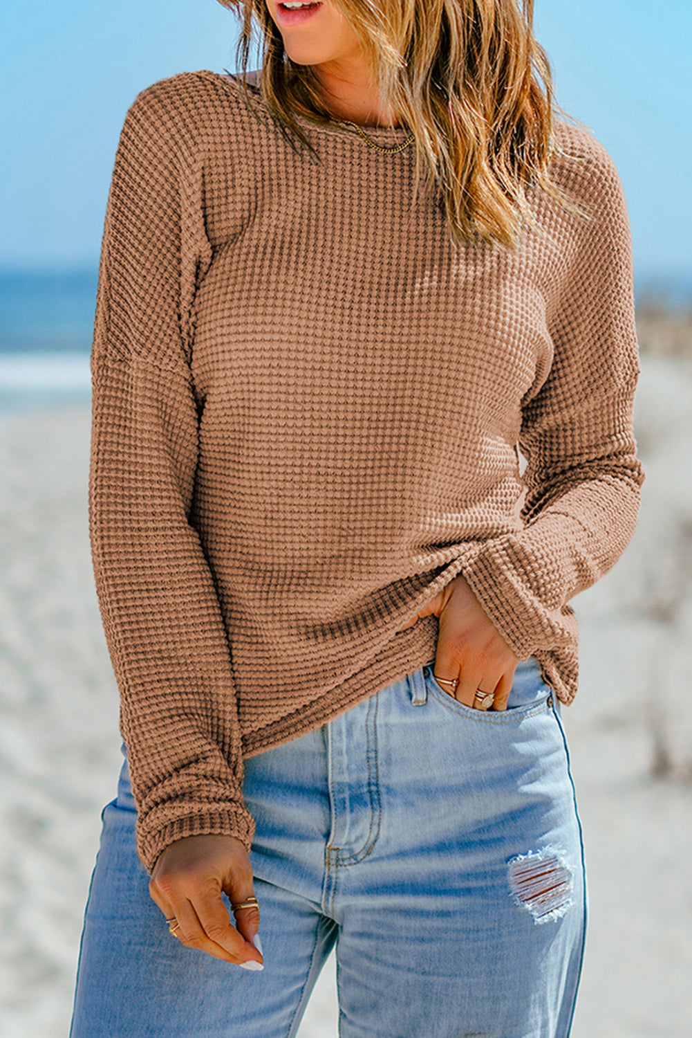 Khaki Waffle Knit Casual Drop Shoulder Long Sleeve Top-True and Wild